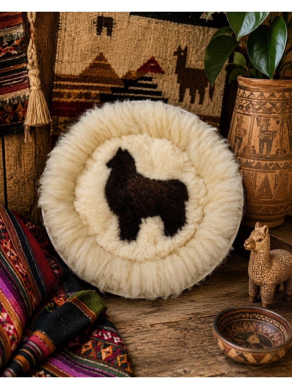Vintage Peruvian Alpaca Fur Round Rug 12" Llama Patchwork Art Mini Mat Tapestry